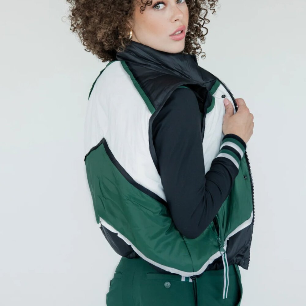 NWT New Fore All Womens Jackie Moon Vest Medium M Chevron Green Zip Button Puffy - Picture 2 of 7